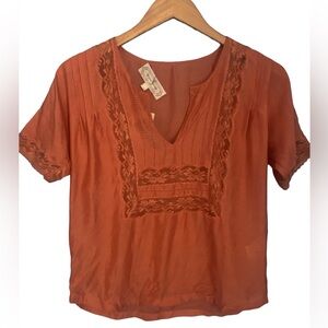 Beyond Vintage Zinnia Coral Orange Lace Trim Blouse Top NWT Size S